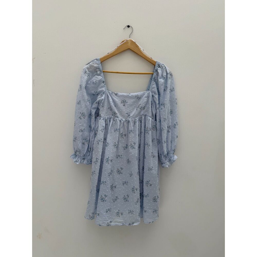 Lulus Always Charming Light Blue Floral Swiss Dot Babydoll Dress - Size XS
